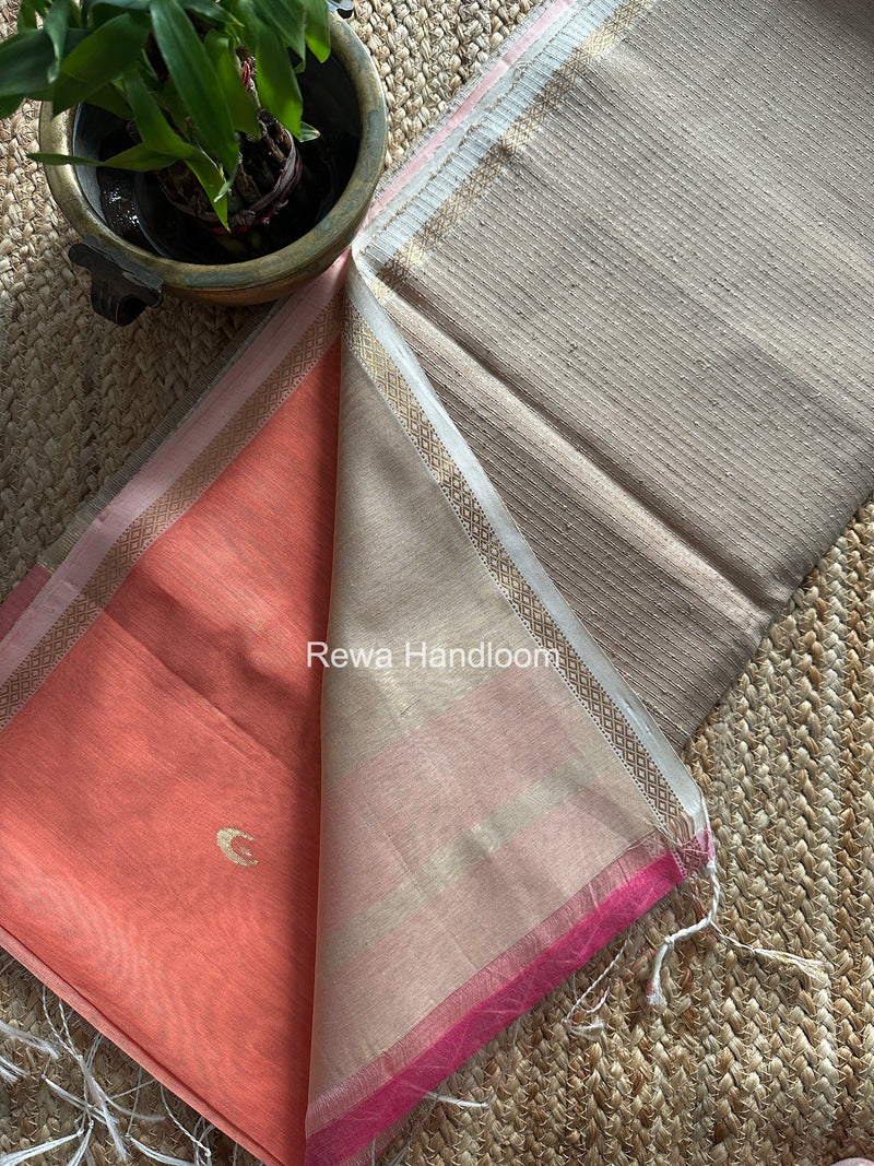 Carrot Peach Zari Butti Maheshwari Saree CBGS05