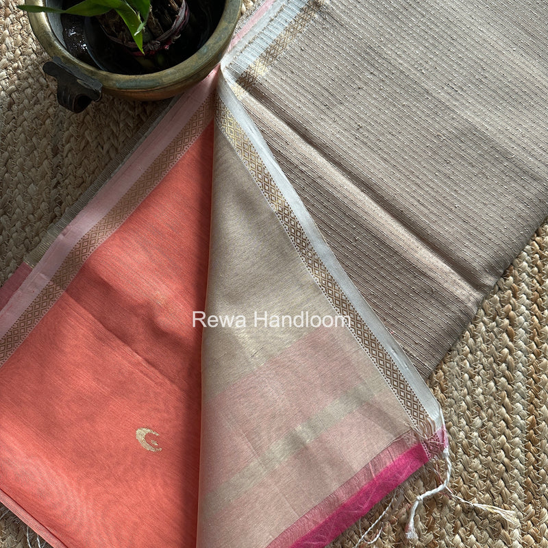 Carrot Peach Zari Butti Maheshwari Saree CBGS05
