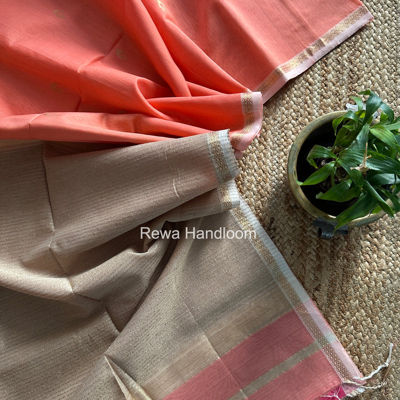 Carrot Peach Zari Butti Maheshwari Saree CBGS05
