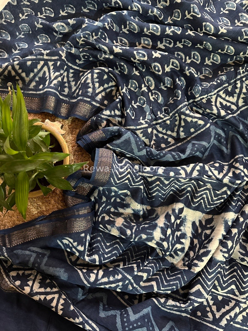 Blue Indigo Cotton Print Saree MIND05