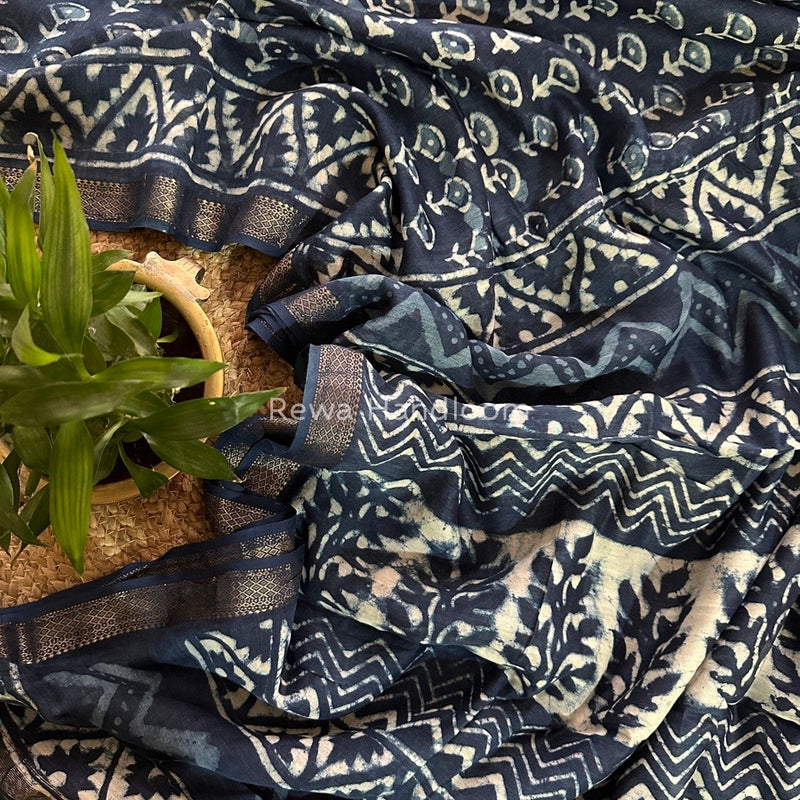 Blue Indigo Cotton Print Saree MIND05