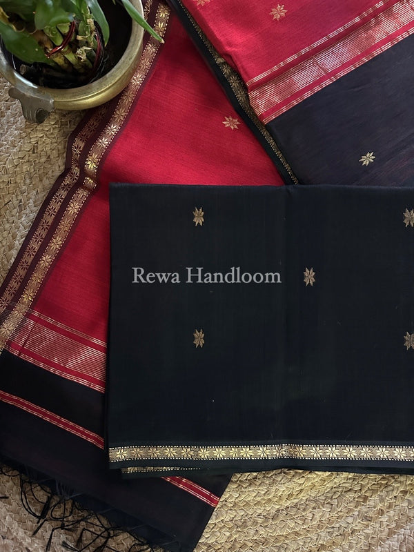 Black-Red Zari Butti Maheshwari Saree SBS0044