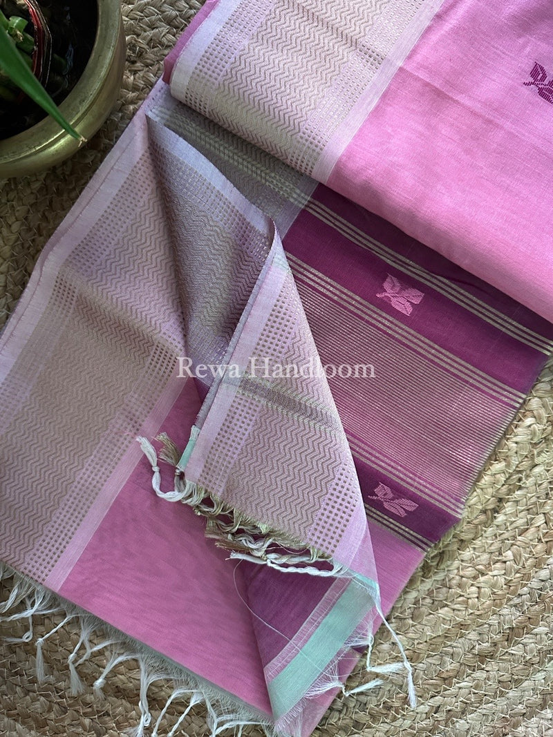 Raisham Thread Maheshwari Onion Pink Resham Thread Butti Saree RBS22 – Rewa Handloom