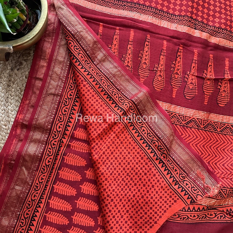Maheshwari Orange Bagh Print Small Border Saree MTBS05