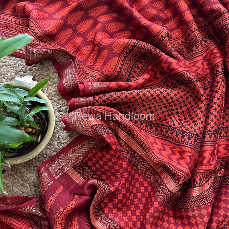Maheshwari Orange Bagh Print Small Border Saree MTBS05