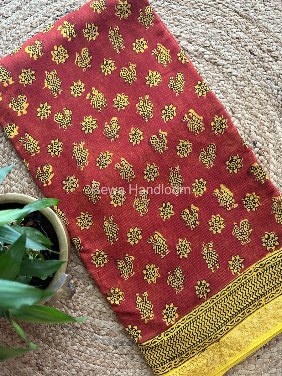 Maheshwari Red Bagh Print Small Border Saree MTBS010