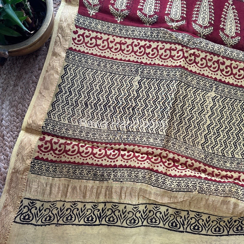 Maheshwari Maroon Bagh Print Small Border Saree MTBS09