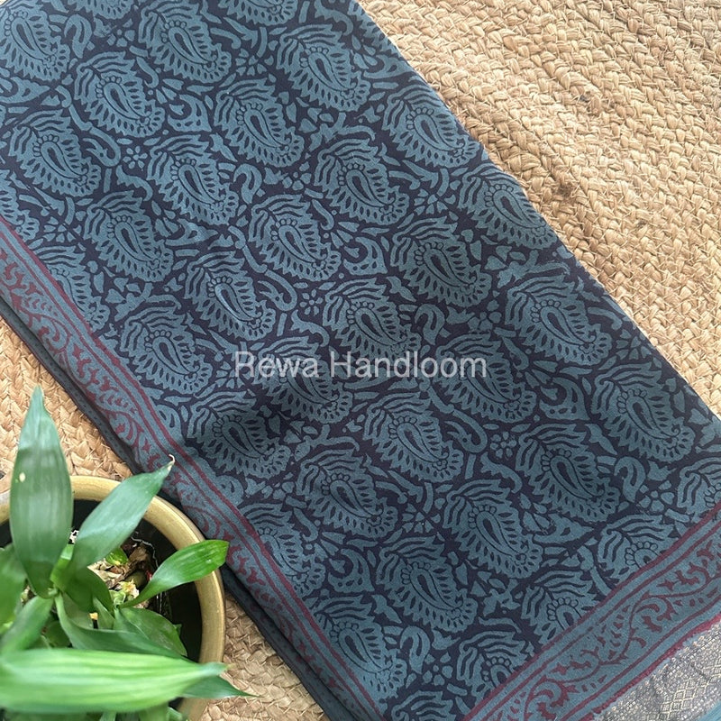Maheshwari Rama Green Bagh Print Small Border Saree MTBS032