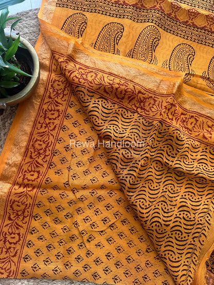 Maheshwari Yellow Bagh Print Small Border Saree MTBS035