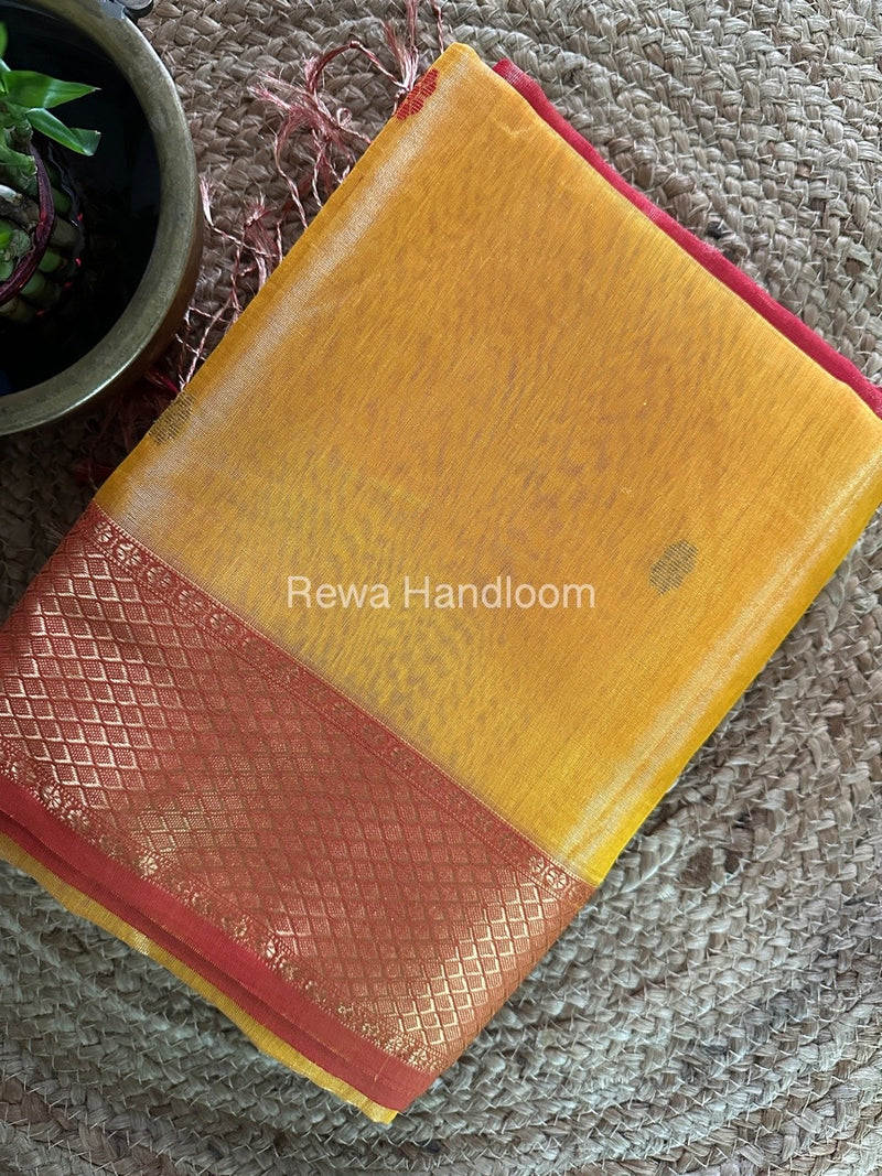 Maheshwari Golden Yellow Tissue Silk Saree TFBS09