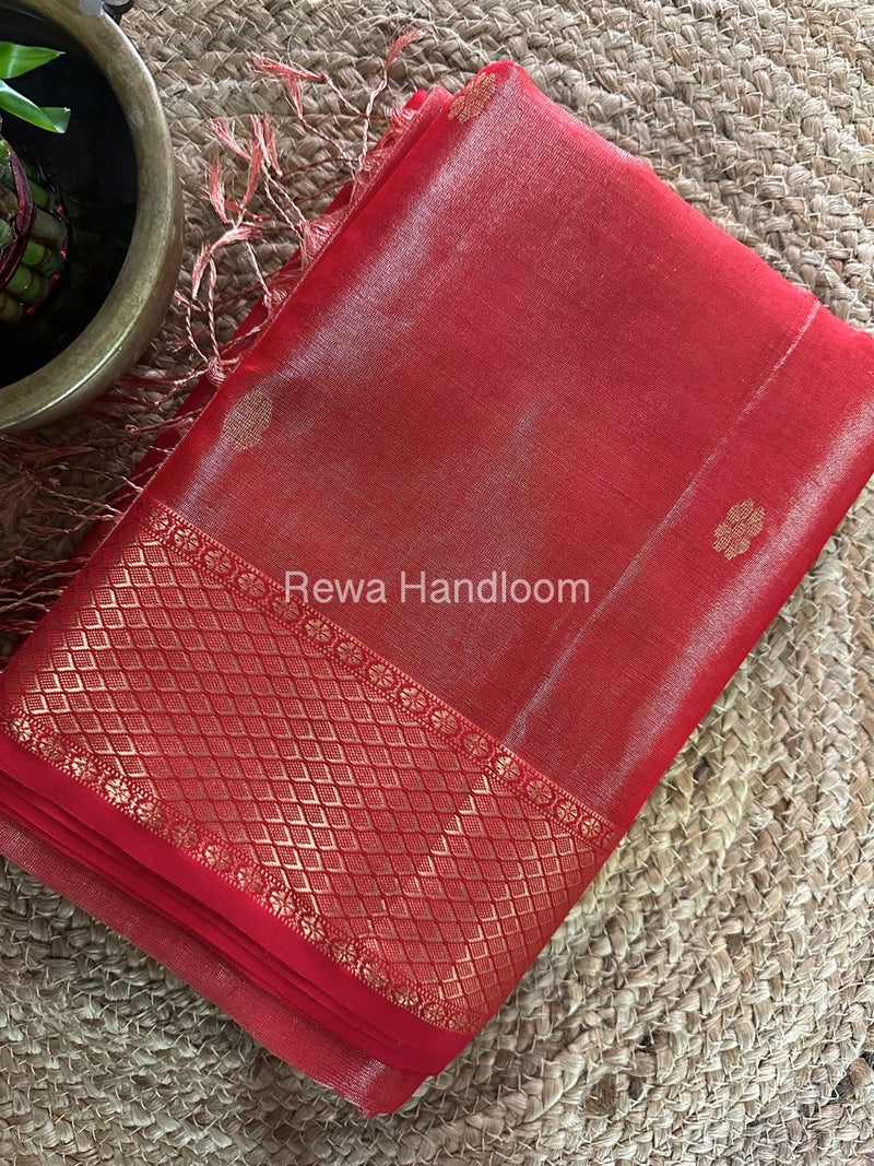 Maheshwari Red Tissue Silk Saree TFBS08