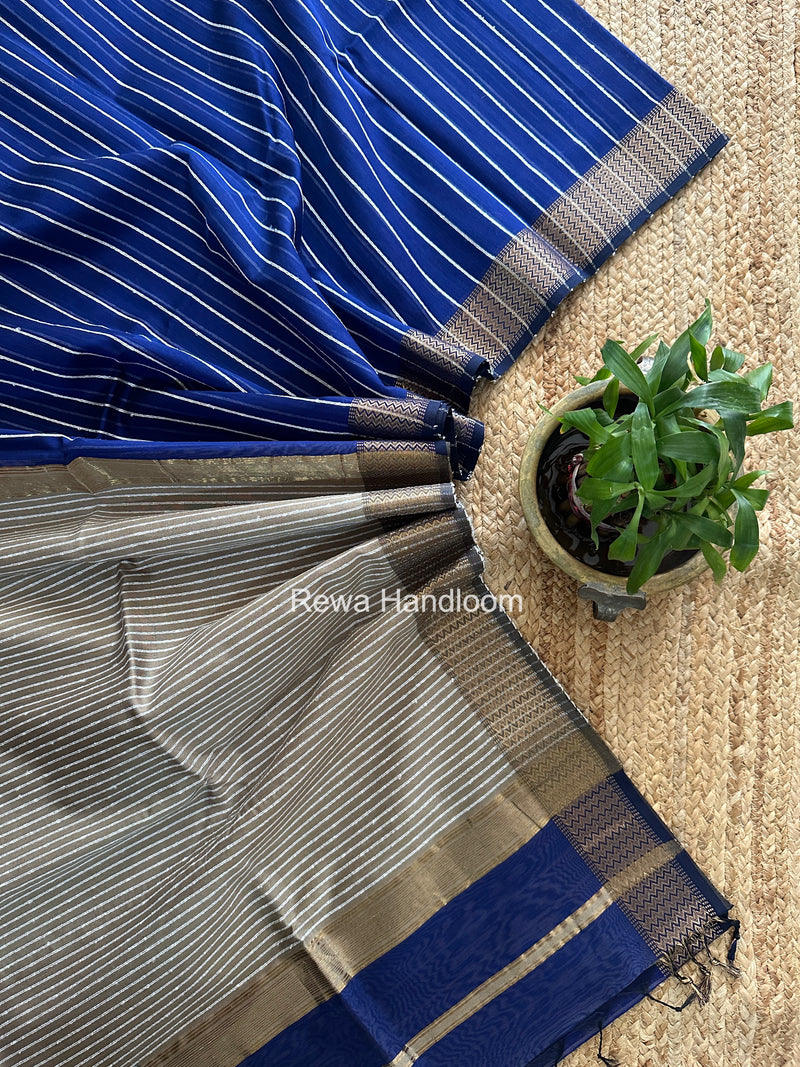 Maheshwari Blue Gichha Thread Lining Saree GTLS067