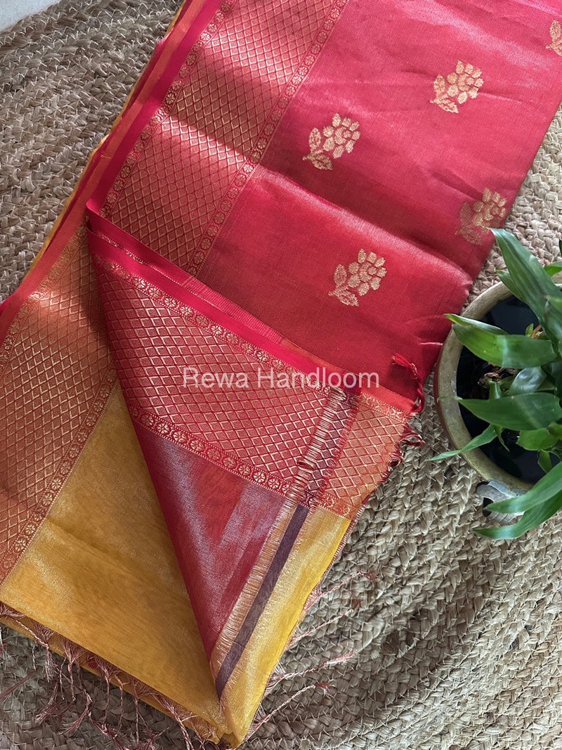 Maheshwari Golden Yellow Tissue Silk Saree TFBS09
