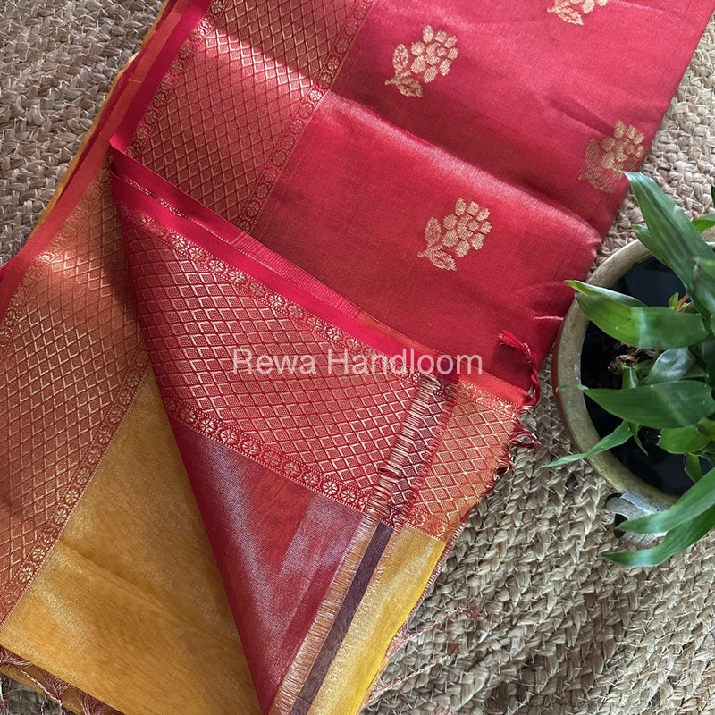 Maheshwari Golden Yellow Tissue Silk Saree TFBS09