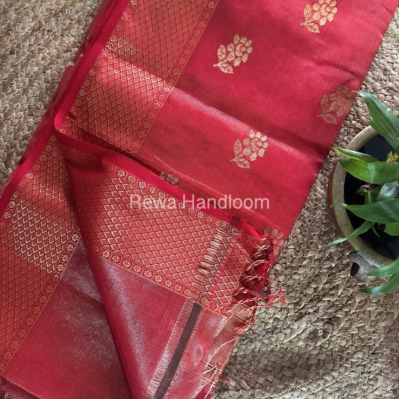 Maheshwari Red Tissue Silk Saree TFBS08