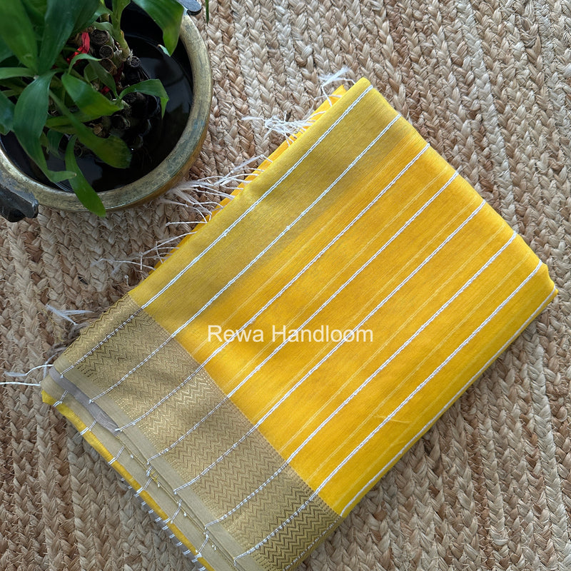 Maheshwari Golden Yellow Gichha Thread Lining Saree GTLS069