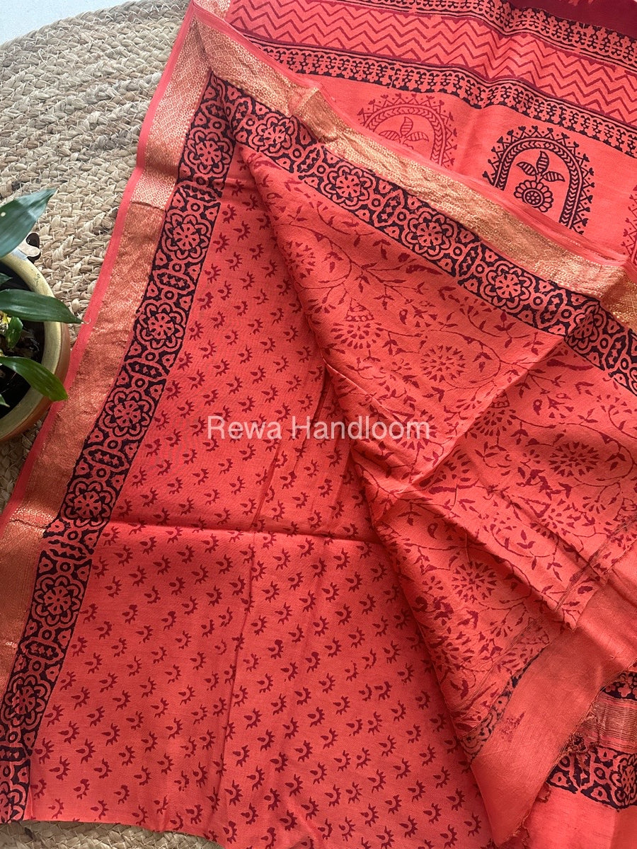 Maheshwari Light Orange Bagh Print Small Border Saree MTBS036