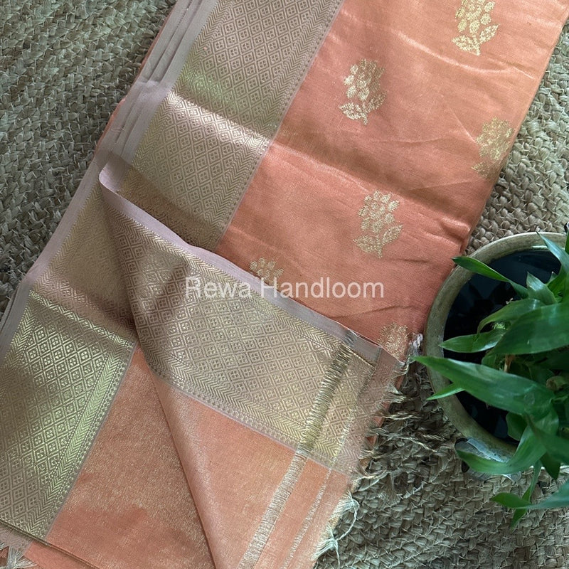 Maheshwari Peach Tissue Silk Saree TFBS010