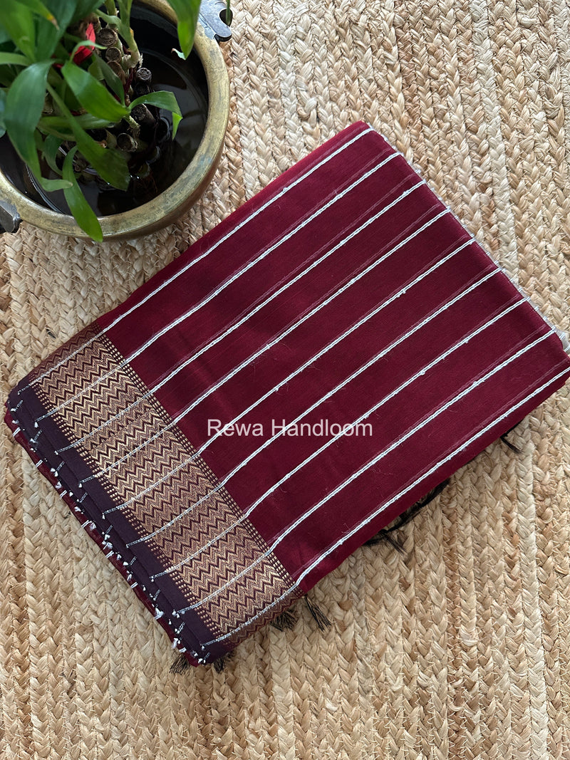 Maheshwari Maroon Gichha Thread Lining Saree GTLS071