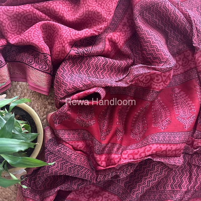Maheshwari Fuchsia Red Bagh Print Small Border Saree MTBS040