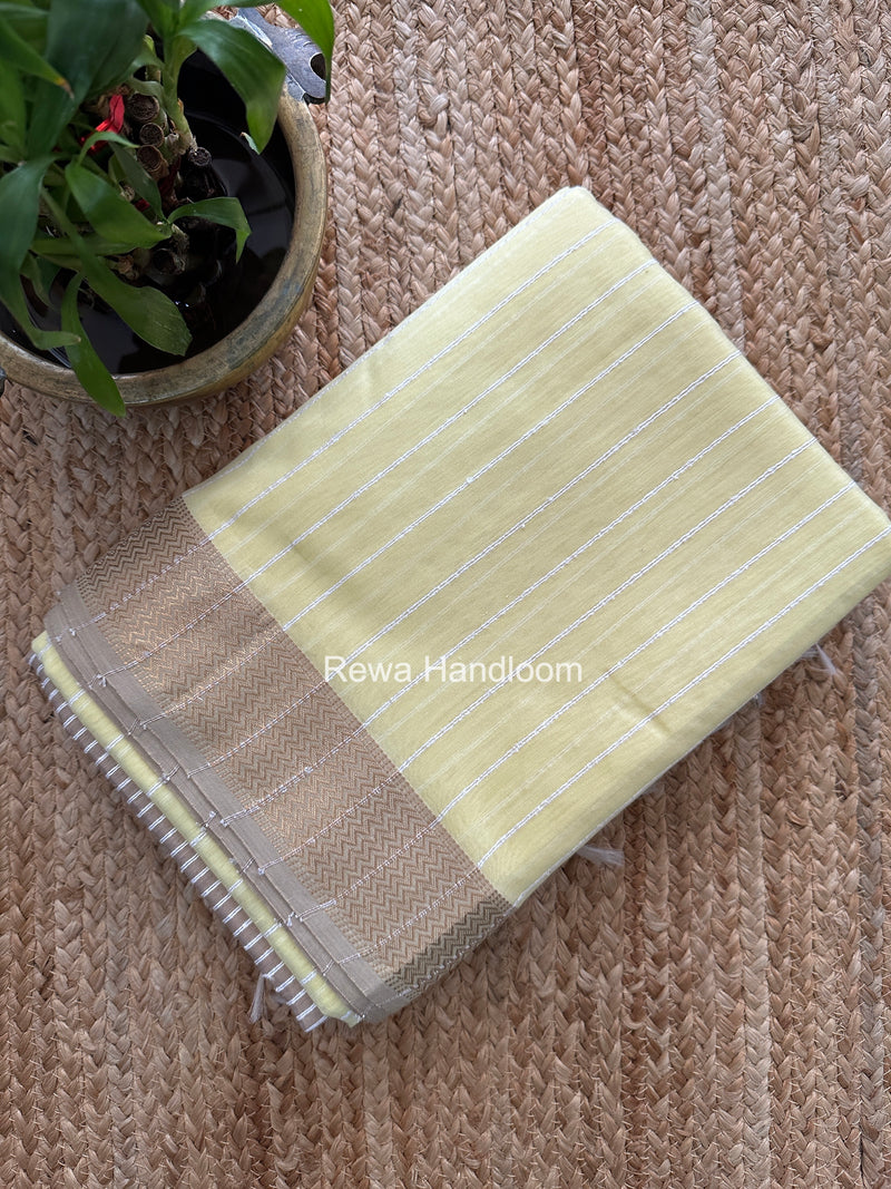 Maheshwari Light Yellow Gichha Thread Lining Saree GTLS073