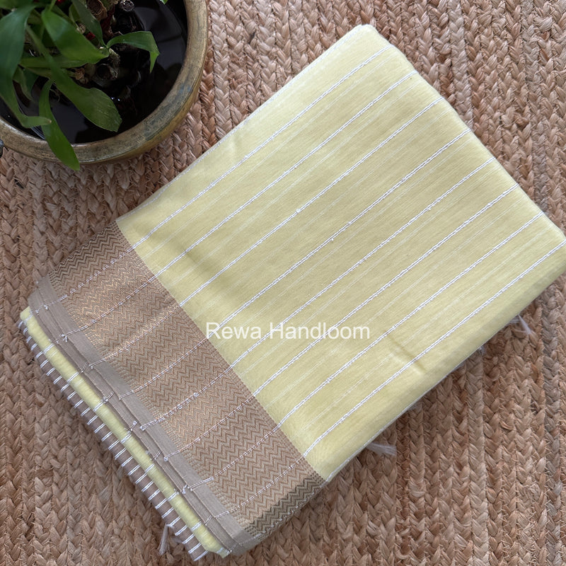 Maheshwari Light Yellow Gichha Thread Lining Saree GTLS073