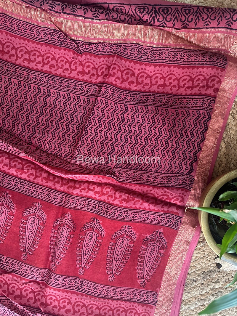 Maheshwari Fuchsia Red Bagh Print Small Border Saree MTBS040