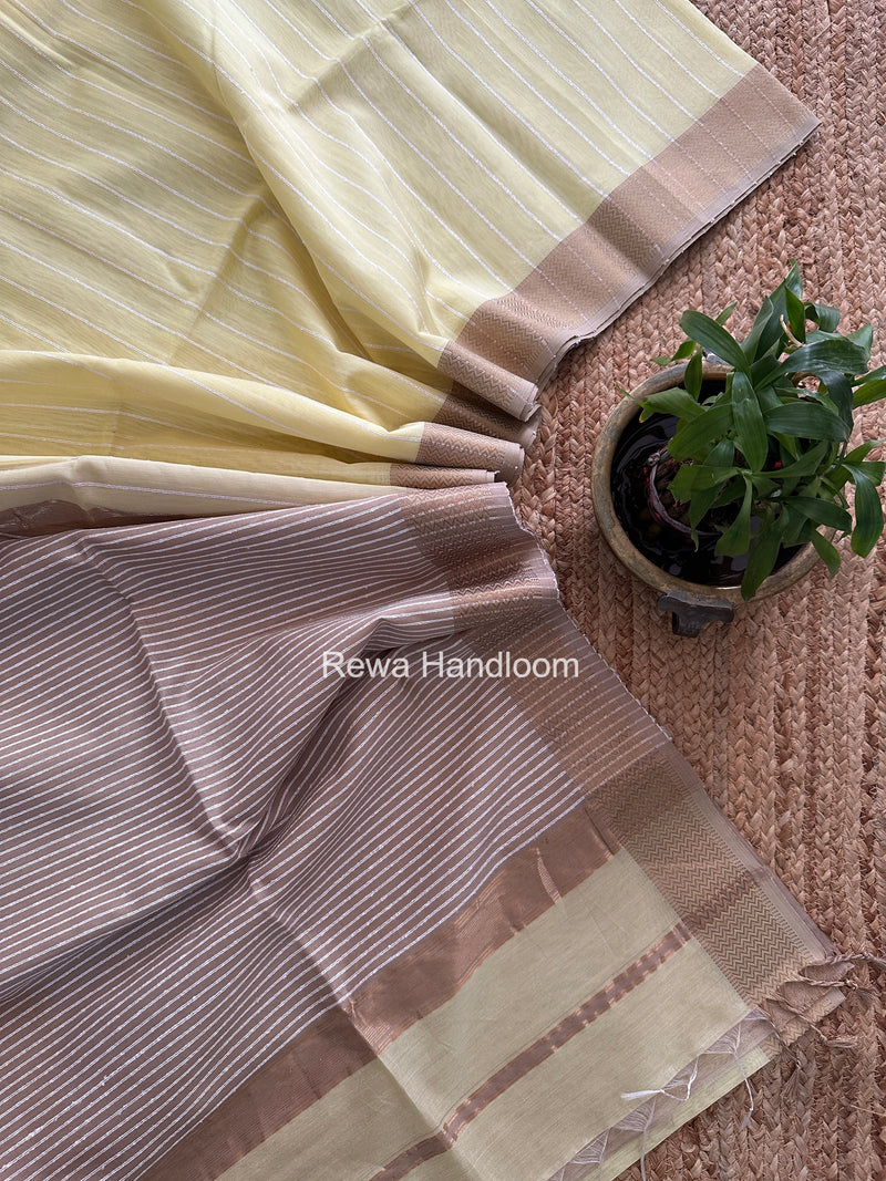 Maheshwari Light Yellow Gichha Thread Lining Saree GTLS073