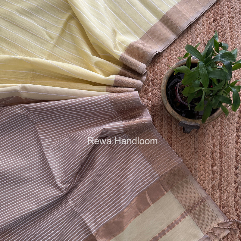 Maheshwari Light Yellow Gichha Thread Lining Saree GTLS073