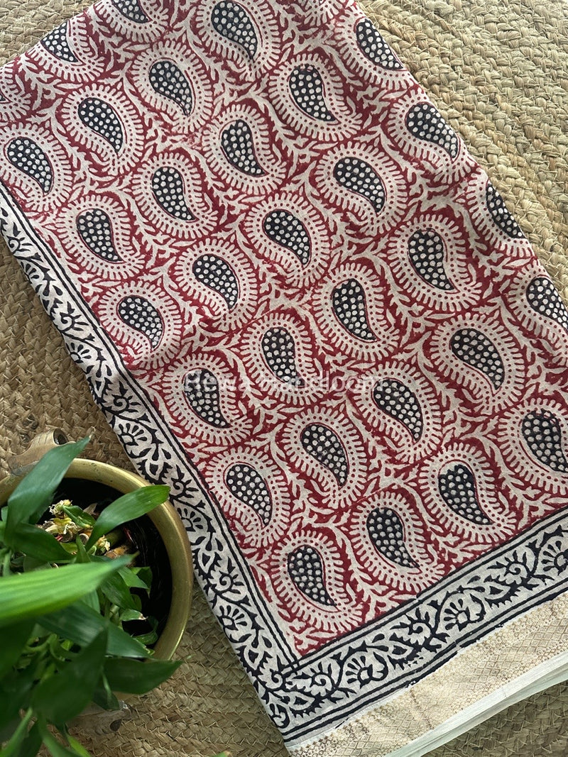 Maheshwari White Red Bagh Print Small Border Saree MTBS031