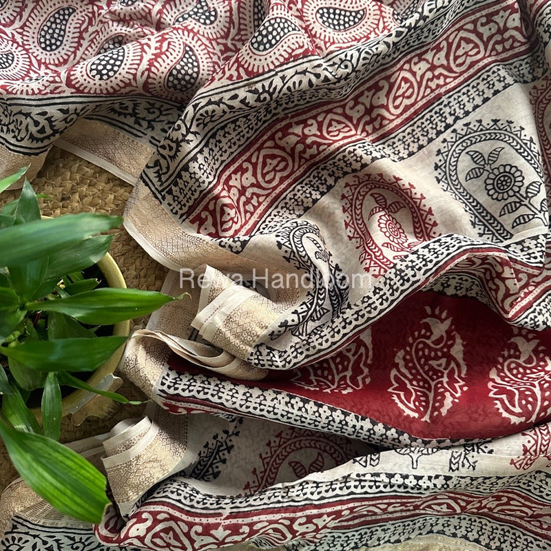 Maheshwari White Red Bagh Print Small Border Saree MTBS031