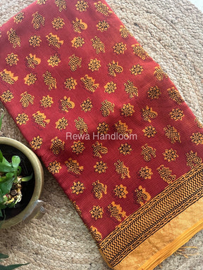 Maheshwari Rust Bagh Print Small Border Saree MTBS015