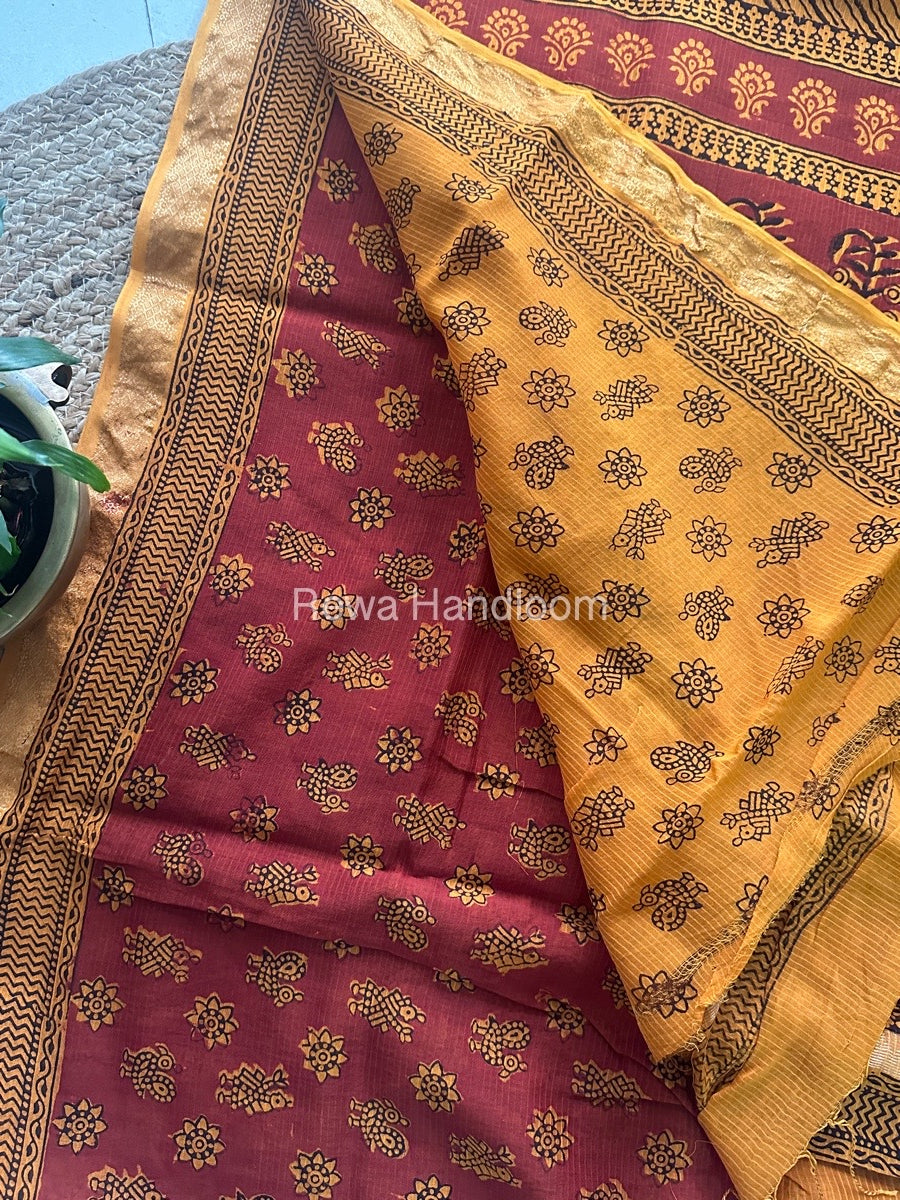 Maheshwari Rust Bagh Print Small Border Saree MTBS015