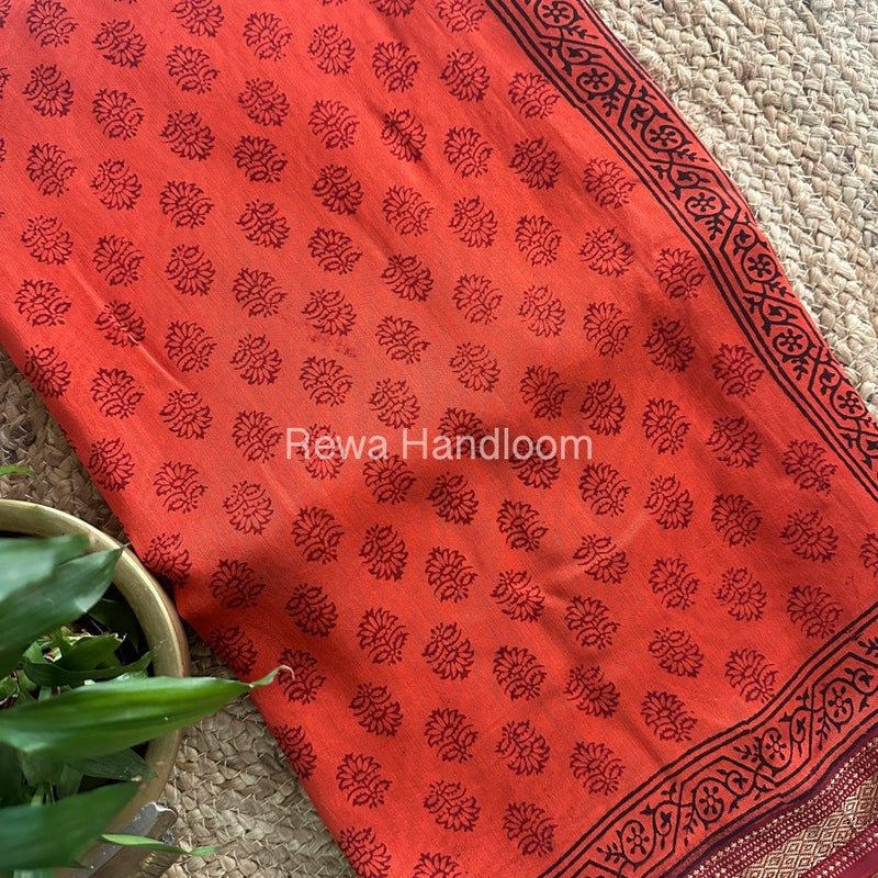 Maheshwari Dark Orange Bagh Print Small Border Saree MTBS016