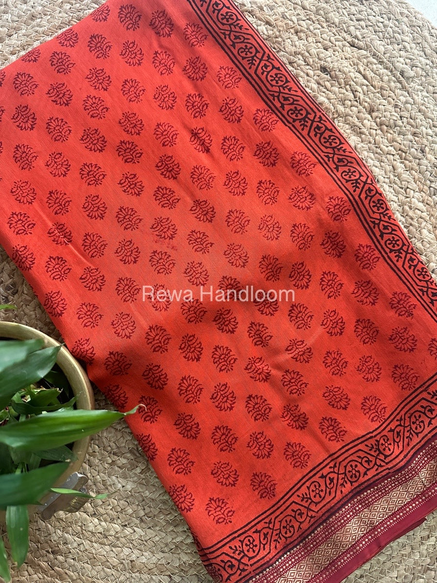 Maheshwari Dark Orange Bagh Print Small Border Saree MTBS016