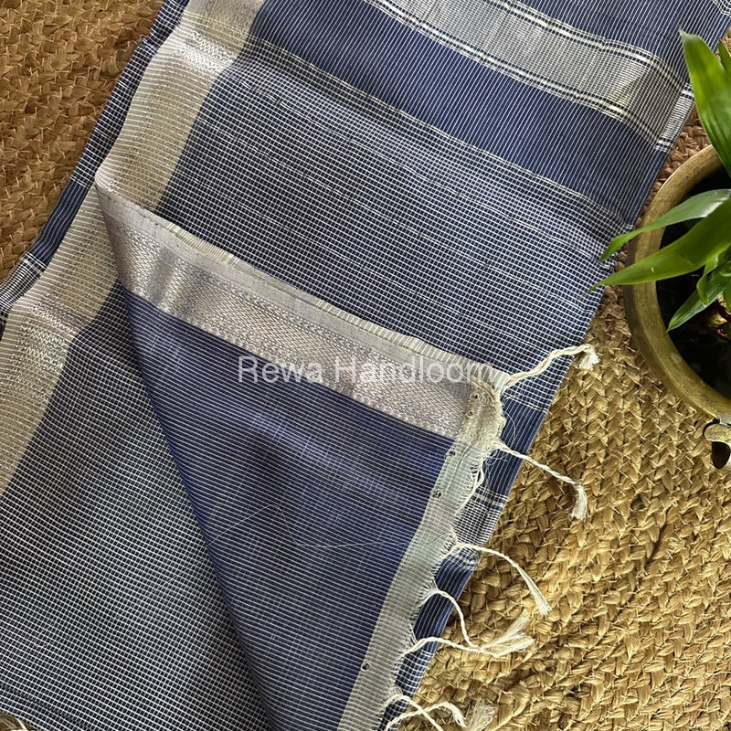 Maheshwari Blue Self Checks Saree CB014