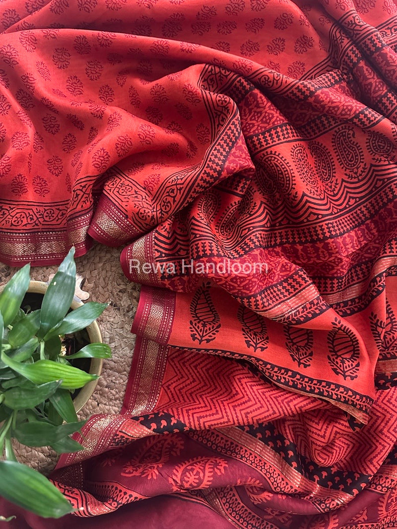 Maheshwari Dark Orange Bagh Print Small Border Saree MTBS016