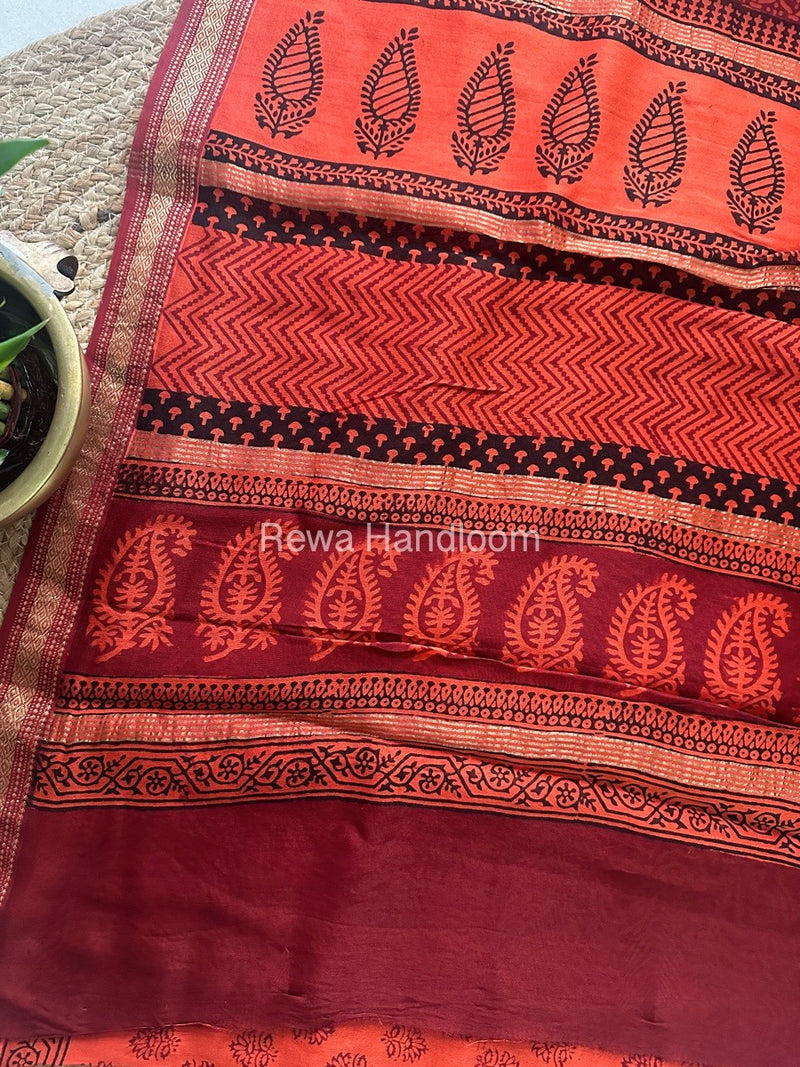 Maheshwari Dark Orange Bagh Print Small Border Saree MTBS016