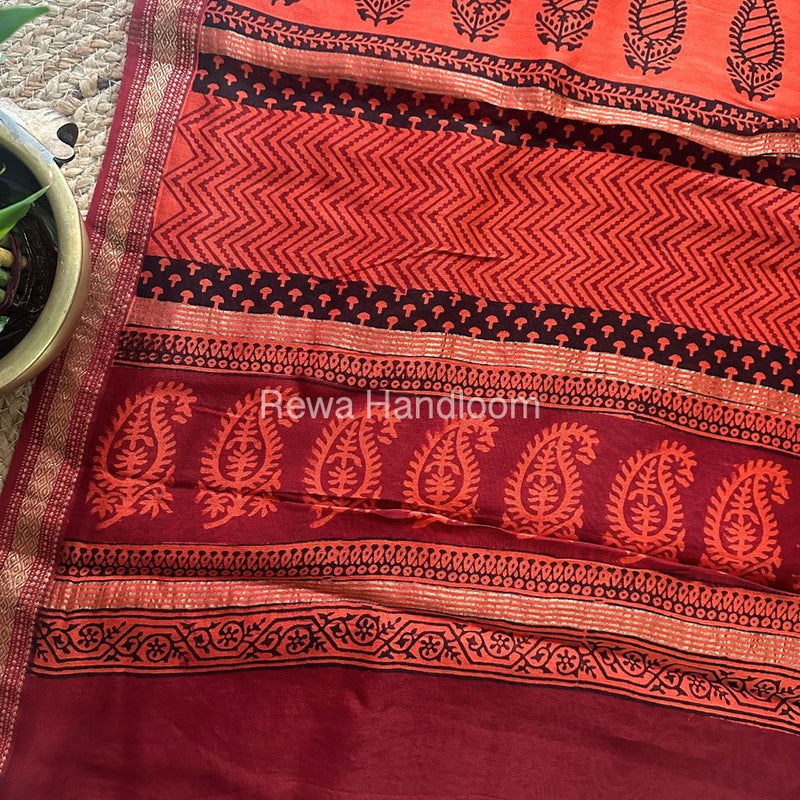 Maheshwari Dark Orange Bagh Print Small Border Saree MTBS016