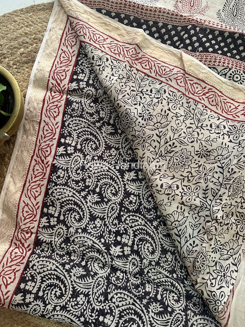 Maheshwari White Black Bagh Print Small Border Saree MTBS018