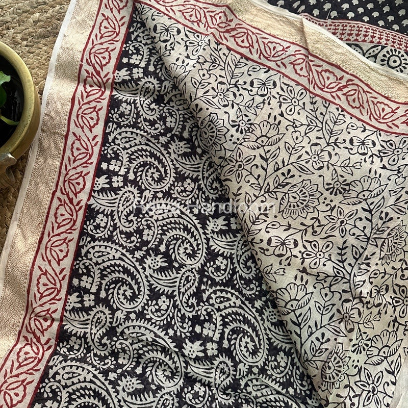 Maheshwari White Black Bagh Print Small Border Saree MTBS018