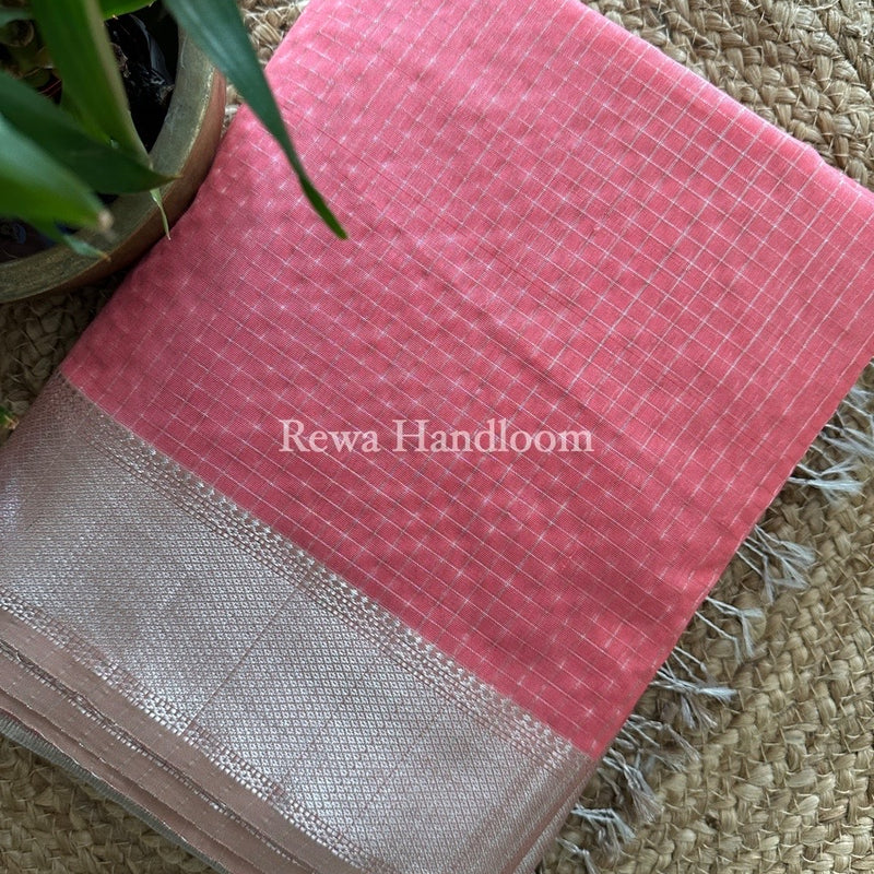 Maheshwari Pink Silver Zari Checks Silk Saree SZ046