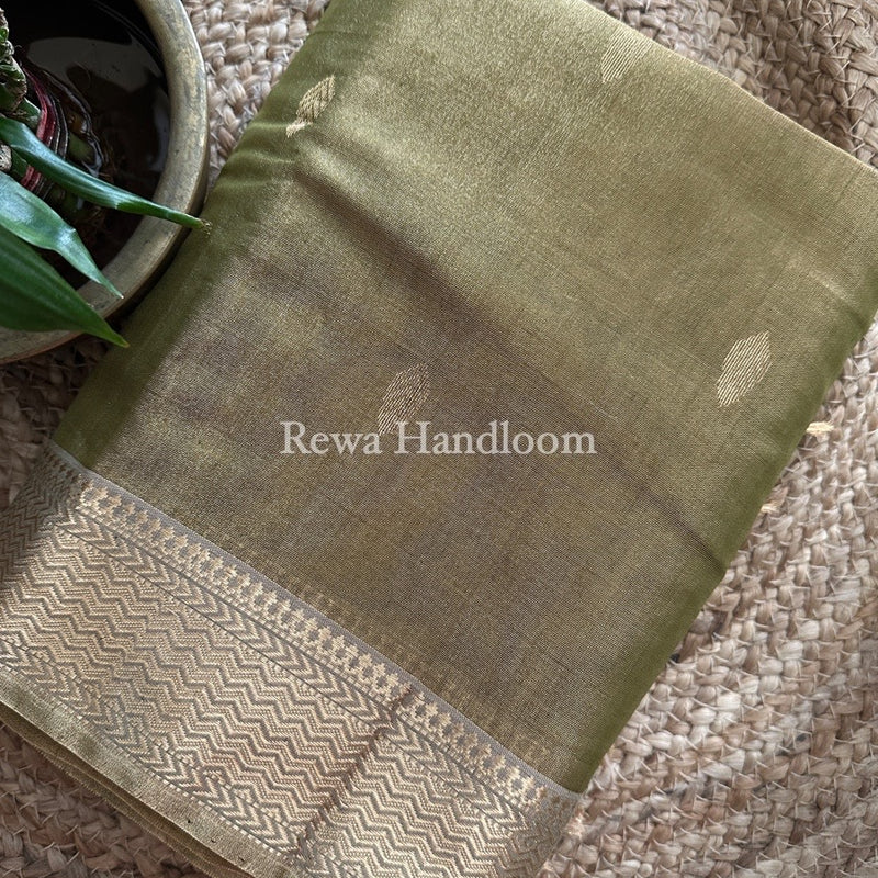 Maheshwari Olive Green Tissue Saree TBS025