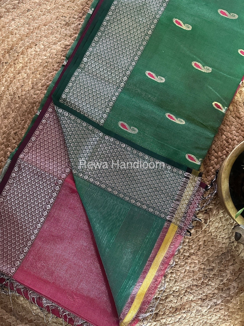 Maheshwari Onion Pink Silver Tissue Meena Butti Saree SMB0011