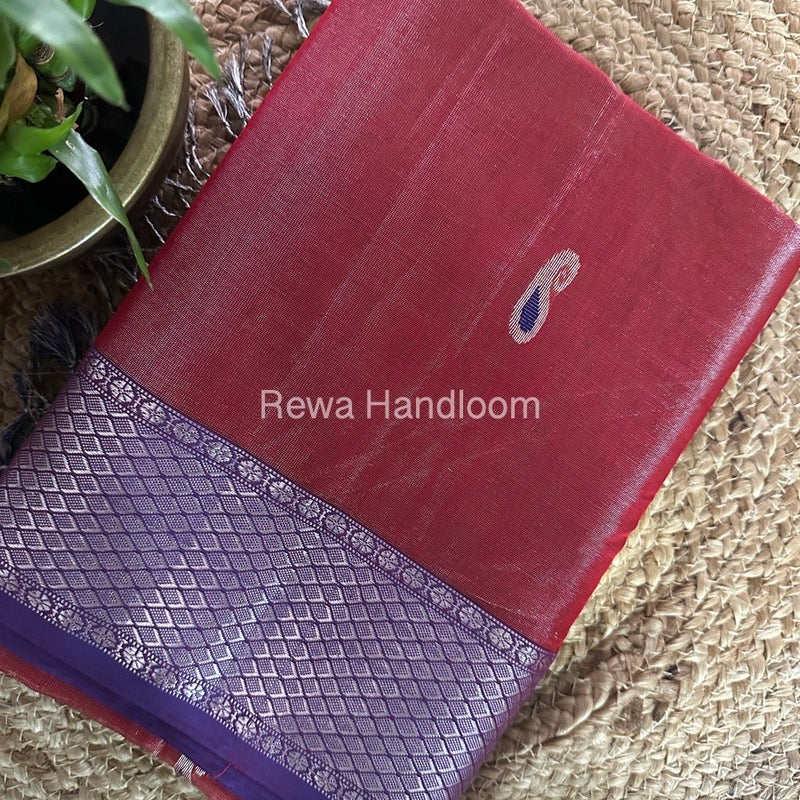 Maheshwari Maroon Silver Tissue Meena Butti Saree SMB0014