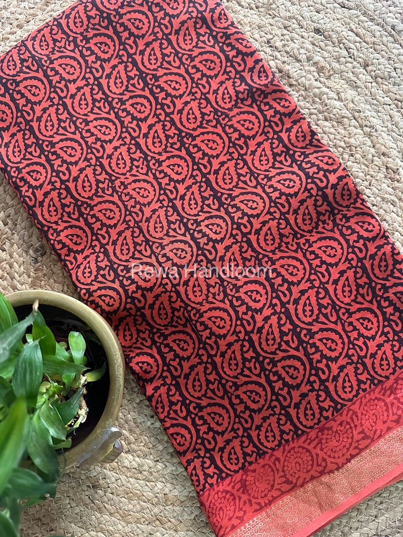 Maheshwari Rust Orange Bagh Print Small Border Saree MTBS020
