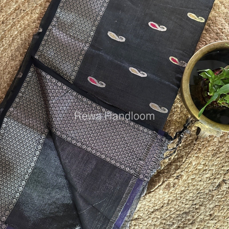 Maheshwari Black Silver Tissue Meena Butti Saree SMB0013