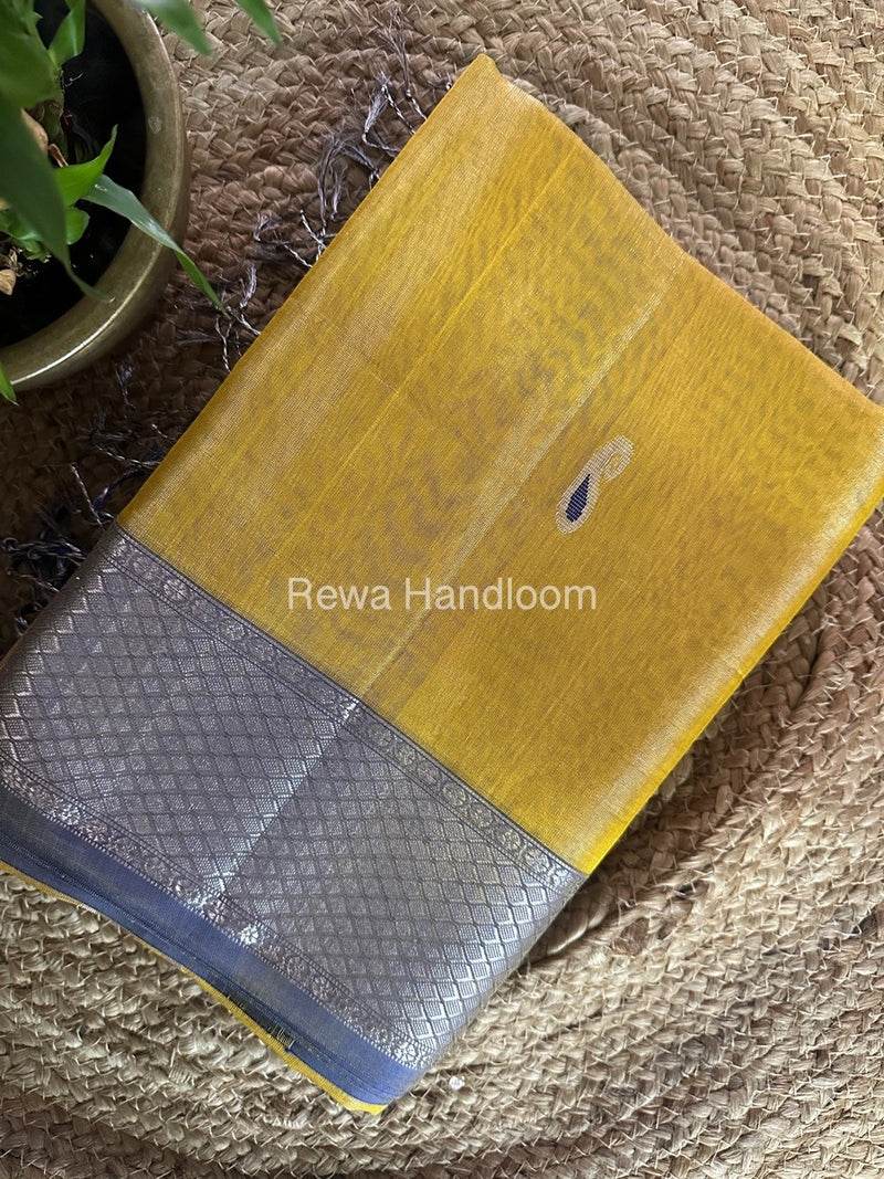 Maheshwari Yellow Silver Tissue Meena Butti Saree SMB0012