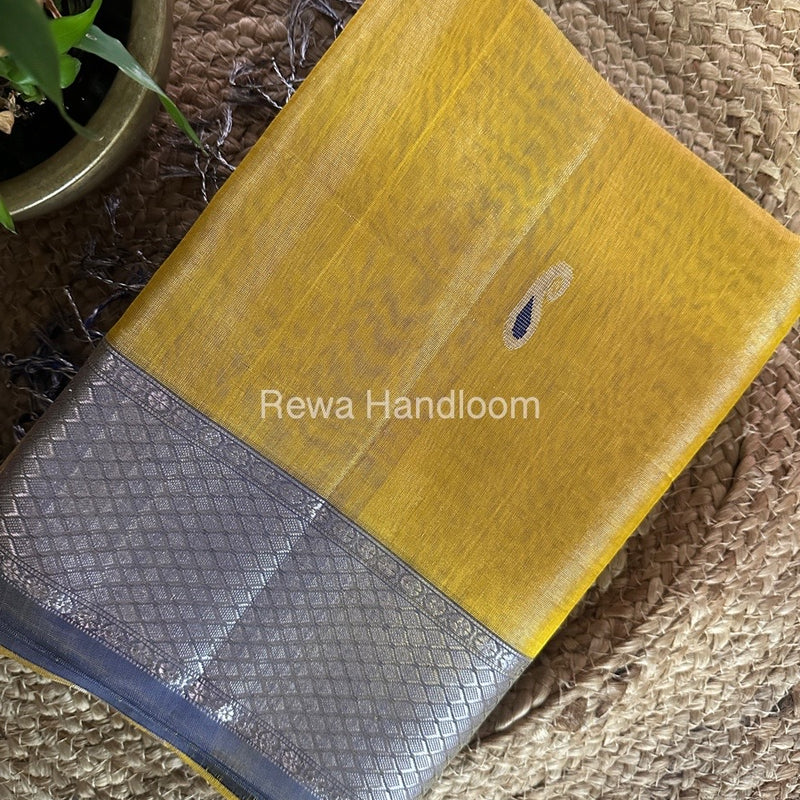 Maheshwari Yellow Silver Tissue Meena Butti Saree SMB0012