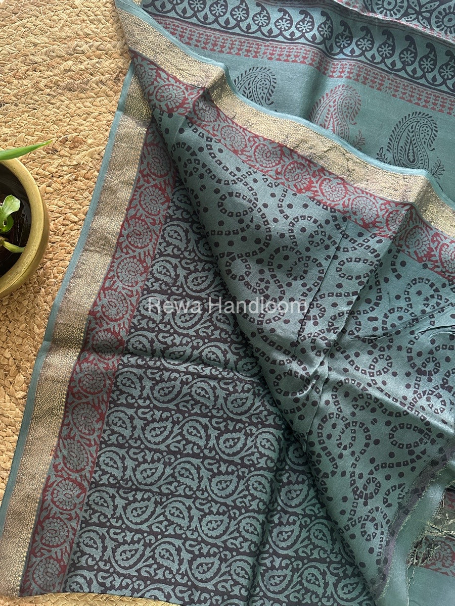 Maheshwari Chutney Green Bagh Print Small Border Saree MTBS026